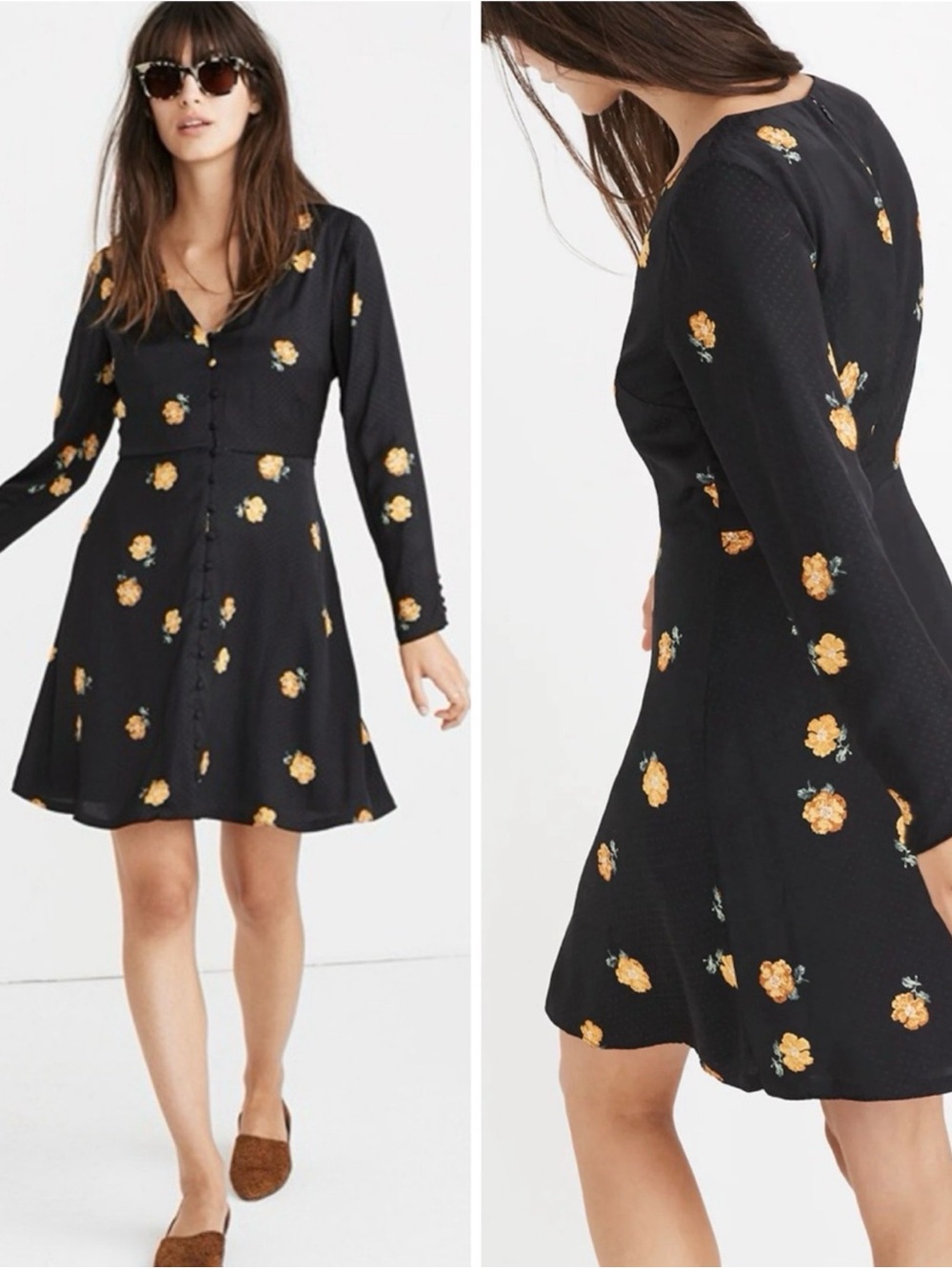Madewell Black Long-Sleeve Floral Button-Front Dress
